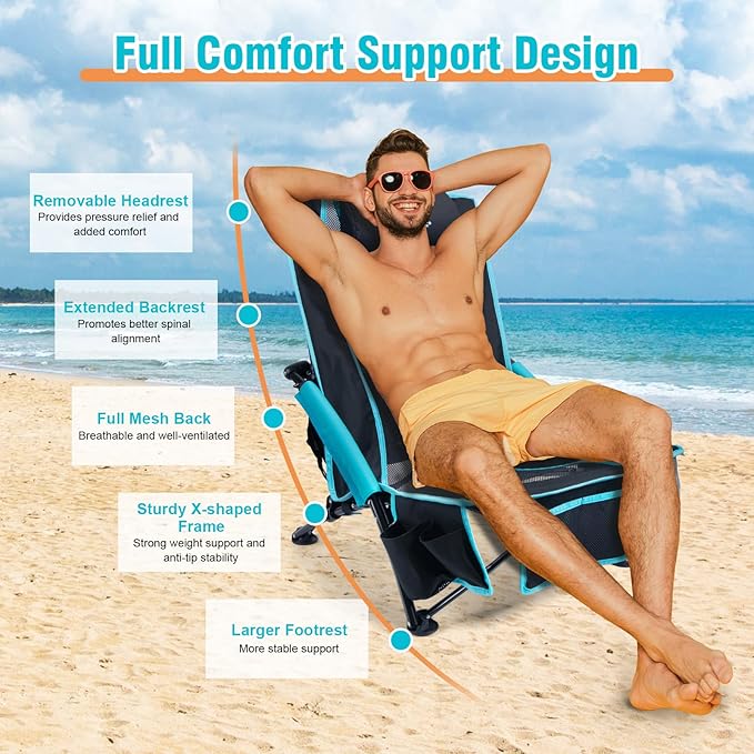 CHANGE MOORE Low Beach Chair with 2-in-1 Cooler Bag 1 Pack Support up to 300lbs Folding Beach Chairs for Adults with Cup Holder Removable Pillow &amp Carry Bag for Outdoor Sand Lawn Picnic Travel B