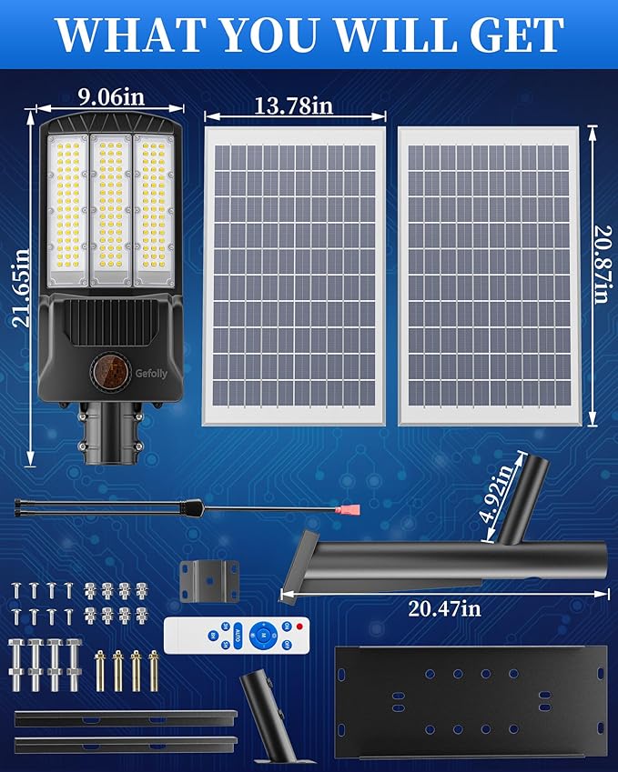 Gefolly Solar Street Lights Outdoor Commercial Parking Lot Light Dusk to Dawn IP67 Waterproof 6500K Security Flood Lights Lamp for Yard Road Basketball Courts (SL-9800W 650000LM)