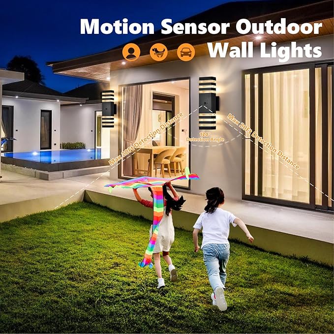 DASTOR Motion Sensor Outdoor Wall Lights 2 Pack Dusk to Dawn Outdoor Lighting 3-Layer Exterior Porch Light Fixtures Up and Down Outside Lights for House Garage
