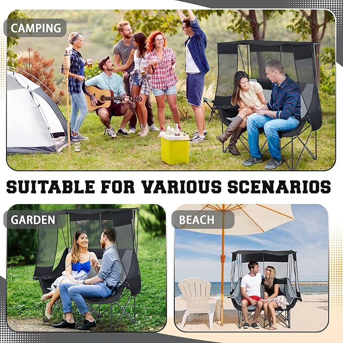Double Camping Chair with Canopy Shade 660lbs Heavy Duty Beach Chair Portable Folding 2 Person Camping Loveseat with Cup Holder and Storage Bag for Lawn Beach Outdoor Sport(Black and Grey)