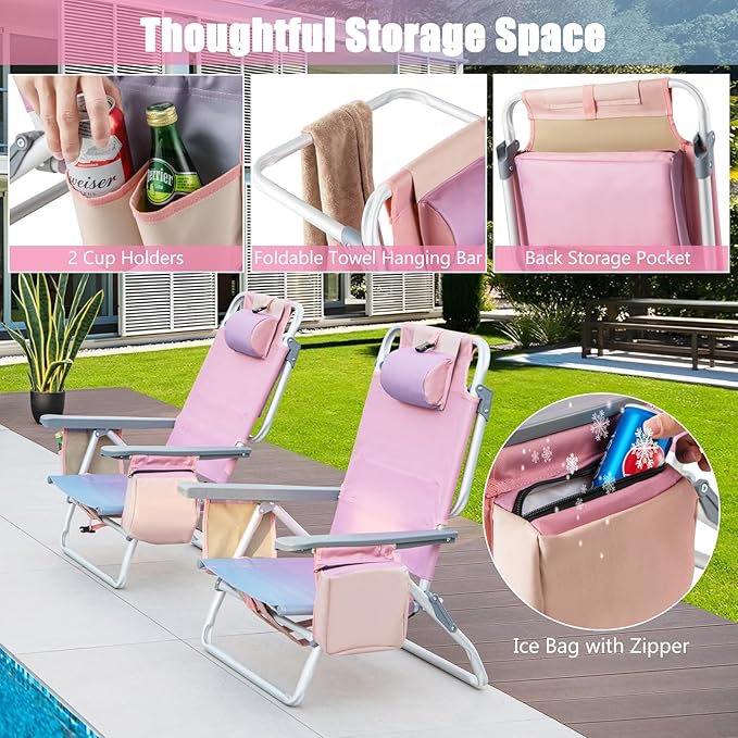 GYMAX Beach Chairs Backpack Camping Chair with Armrest Cooler Bag Cup Holder Towel Bar &amp Side Pockets Sunbath Sling Tanning Lounge Folding Layout Chair (with Table Pink)