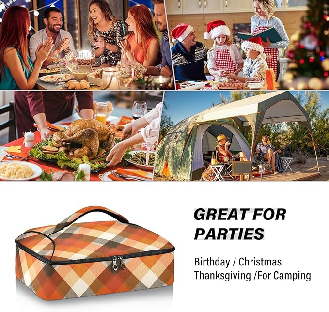 Casserole Carrier Orange and Brown Tartan Insulated Casserole Carrier for Hot or Cold Food Thermal Lunch Tote for Parties Picnic Travel Carry Bag