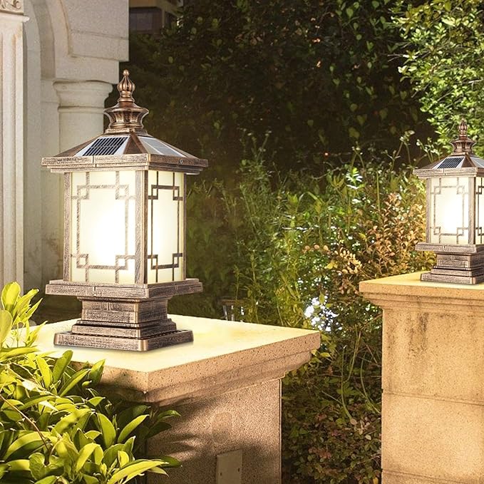 LED Solar Post Light Outdoor Aluminum Fence Post Cap Lamp Remote Control Dimmable Pillar Lights Solar IP65 Waterproof Column Light 15.7 X 7.3 Pillar Pedestal Lantern for Garden Yard
