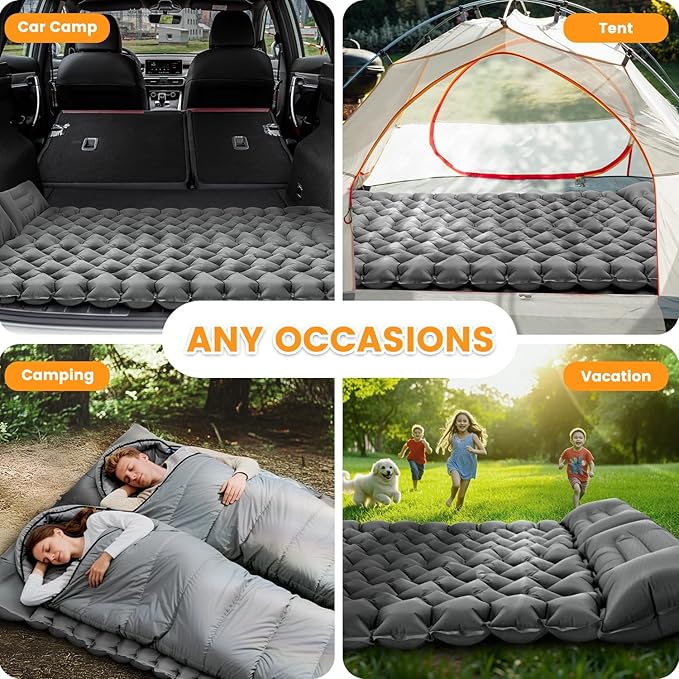 Double Sleeping Pad for Camping 4 Extra-Thick Ultralight Mat with Built-in Foot Pump &amp Pillow for Backpacking Hiking and Travel Tent Car Camp Gear