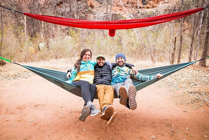 Grand Trunk TrunkTech Single Hammock | Lightweight Ripstop Nylon Camping &amp Travel Hammock 11 ft 500 lb Capacity Includes Carabiners | Red with Navy Trim