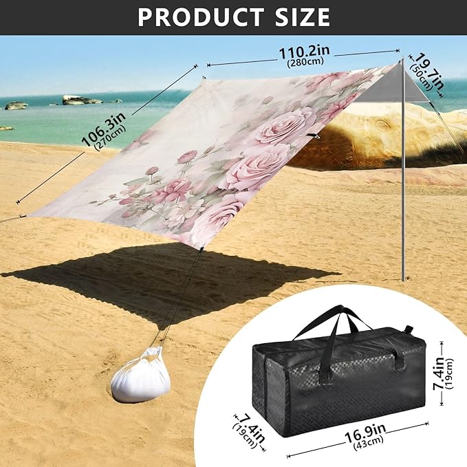 Beach Tent Sun Shelter Pink Elegant Peony Lightweight &amp Easy Setup Beach Shade Canopy for Camping Fishing