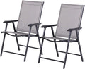 Set of 2 Patio Folding Chairs Stackable Outdoor Sling Patio Dining Chairs with Armrests for Lawn Camping Dining Beach Metal Frame No Assembly Gray