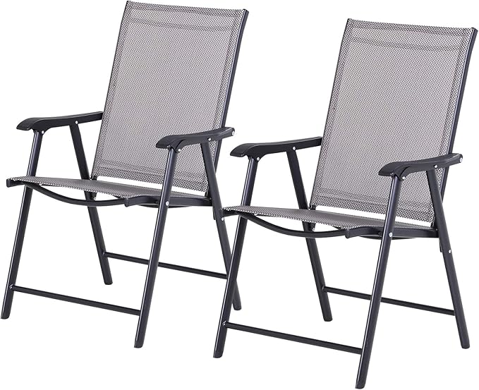 Set of 2 Patio Folding Chairs Stackable Outdoor Sling Patio Dining Chairs with Armrests for Lawn Camping Dining Beach Metal Frame No Assembly Gray