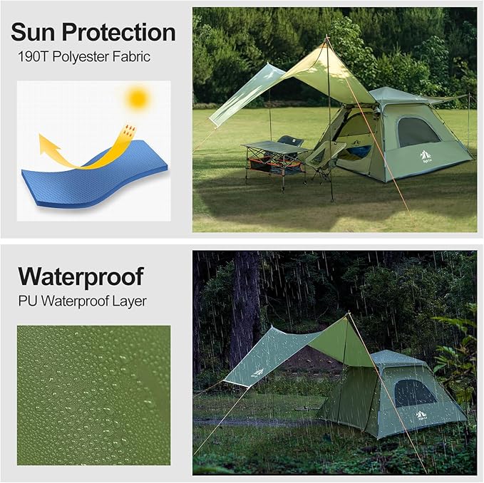 Night Cat 3-Person Camping Tent: Waterproof Instant Cabin Tent with Canopy Tarp for Family 2-in-1 Canopy Tent with Porch Easy Setup