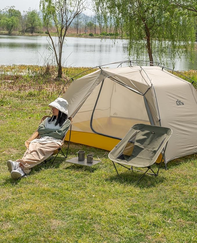 iClimb Low Ultralight Compact Camping Folding Chair with Side Pocket and Carry Bag (Khaki)