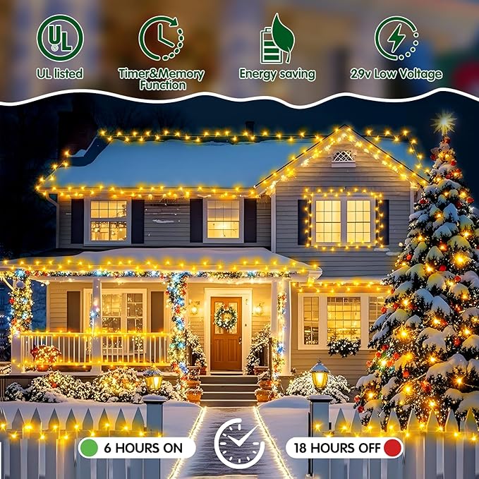 Heceltt Christmas Lights Outdoor 522FT 1300 LED String Lights with 8 Lighting Modes Timer Memory Twinkle Fairy Lights Waterproof Plug in for Xmas Tree Wedding Party Holiday Decor(Warm White)