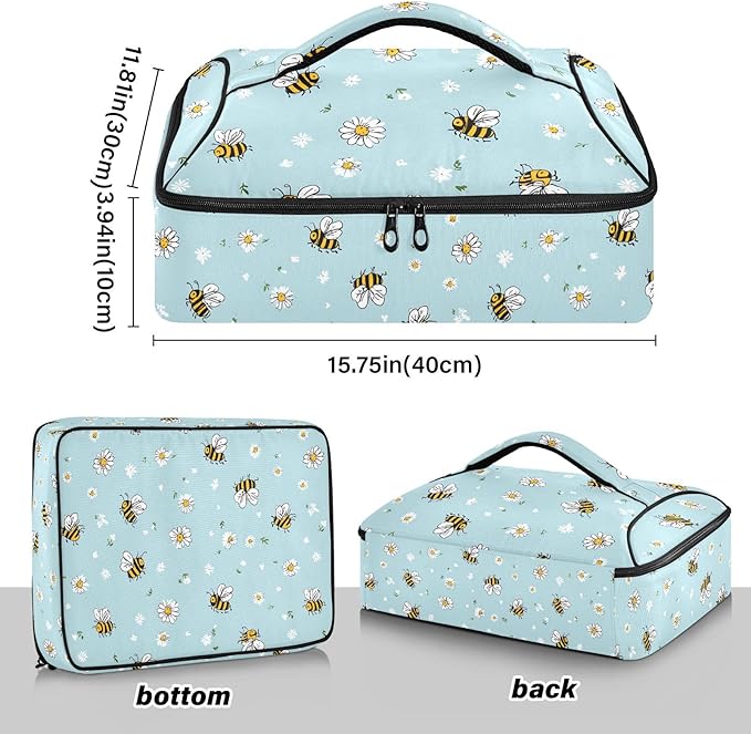 Casserole Carrier Cartoon-style Small BeesInsulated Casserole Carrier for Hot or Cold Food Thermal Lunch Tote for Potluck Parties Picnic Beach Fits 9 x 13 Inches Baking Dish