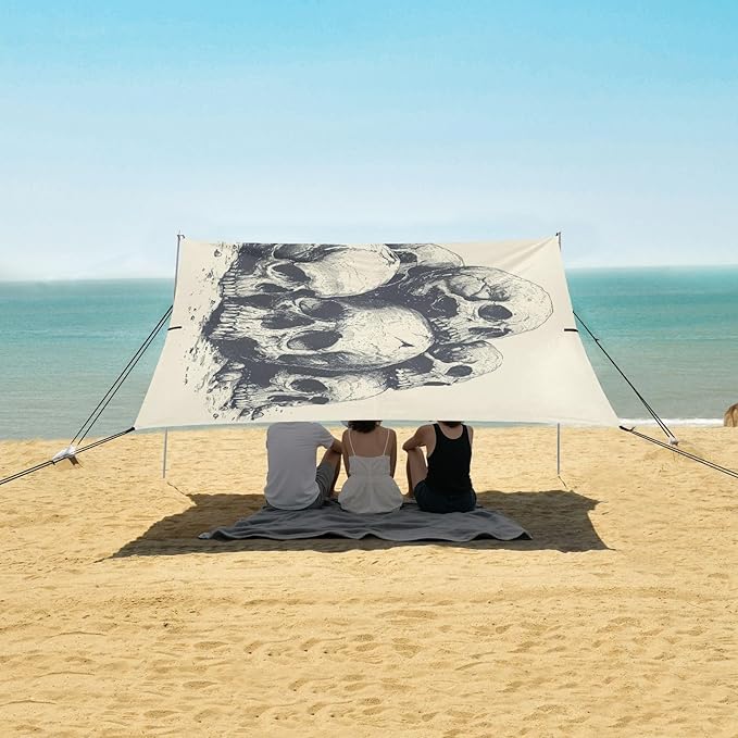 ALAZA Skull Head Vintage Beach Tent Sun Shelter UPF50+ Protection Beach Shade Canopy w/ 4 Sandbags for Outdoor Camping Fishing Backyard Fun Picnic 10x9 ft
