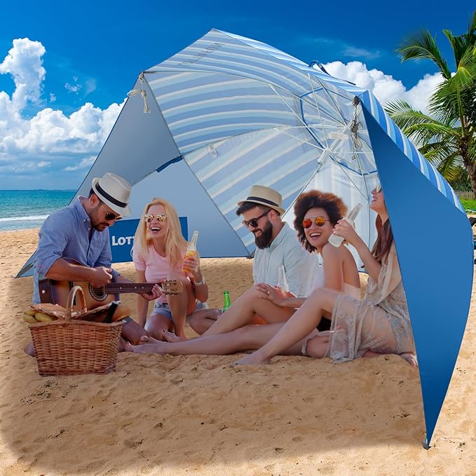 Beach Shelter Umbrella Premiere UPF 50+ Umbrella Shelter for Sun and Rain Protection for Adult (10-FootBlue Stripe)