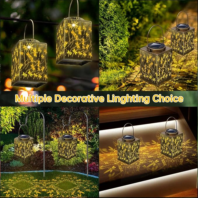 2 Pack Solar Lanterns - Waterproof Metal Hanging Solar Lights Outdoor Decorative Solar Powered LED Lamp for Patio Tabletop Porch Deck Yard Garden Decor for Outside (Dragonfly)