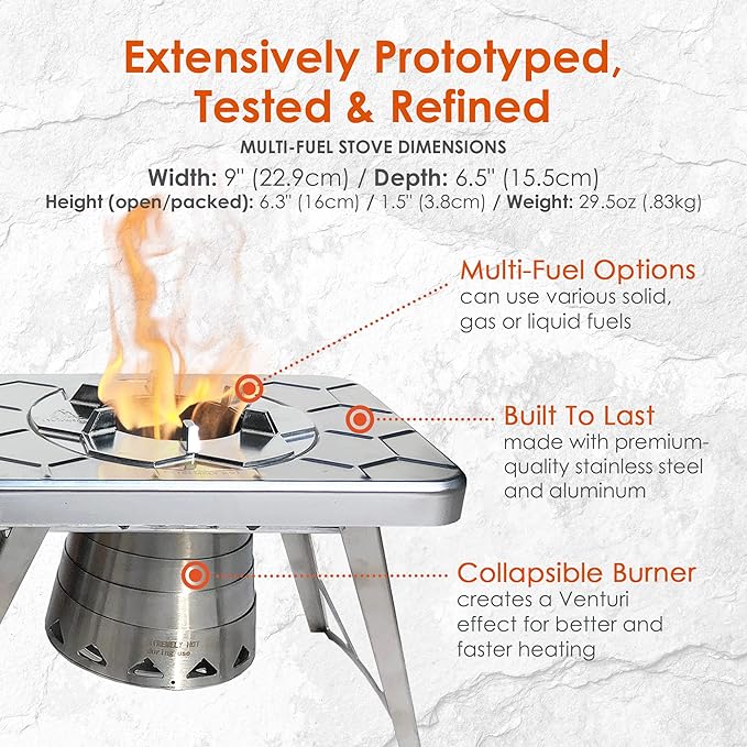 nCamp Kitchen to Go 5 Piece Bundle Portable Compact Multi-Fuel Burning Camping Stove ISO Propane Adapter Elevated Bamboo Cutting Board Prep Surface Cafe Coffee Maker Carrying Bag For Camping