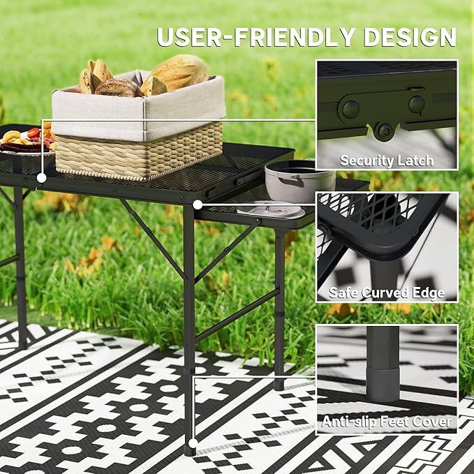Outsunny Folding Grill Table 4.5 ft Portable Camping Table with 2 Wing Panels Height Adjustable Metal Outdoor Table with Mesh Desktop for Picnic Beach BBQ Party Black