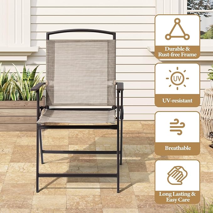 Crestlive Products Patio Folding Chairs Set of 8 Outdoor Folding Chairs with Durable Rust-Resistant Frame and Breathable Textilene Material for Outside Beige