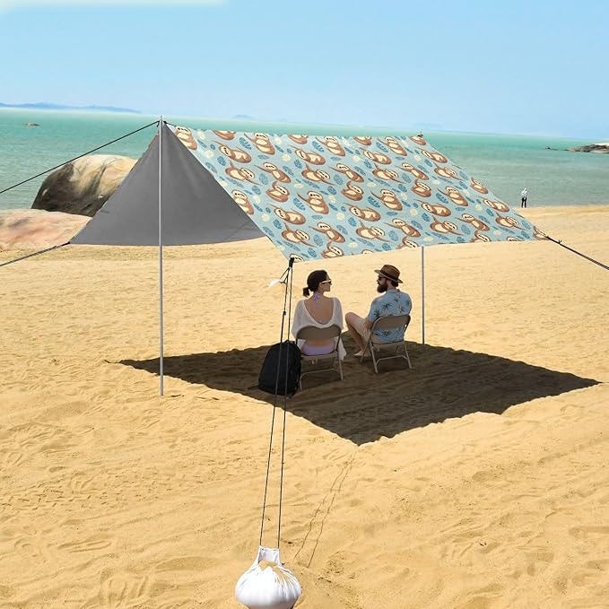 ALAZA Sloth Leaves Beach Tent Sun Shelter UPF50+ Protection Beach Shade Canopy w/ 4 Sandbags for Outdoor Camping Fishing Backyard Fun Picnic 10x9 ft