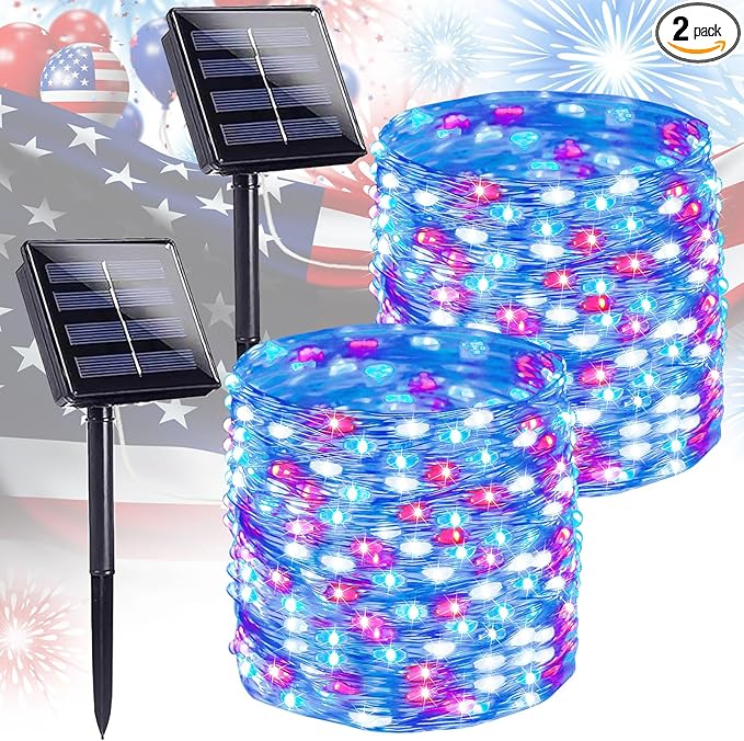 4th of July Decorations Solar String Lights 2Pack 400LED Independence Day Lights for Outside Red White and Blue Solar Light Waterproof Copper Wire 8 Modes Twinkle Light for Memorial Day National Day