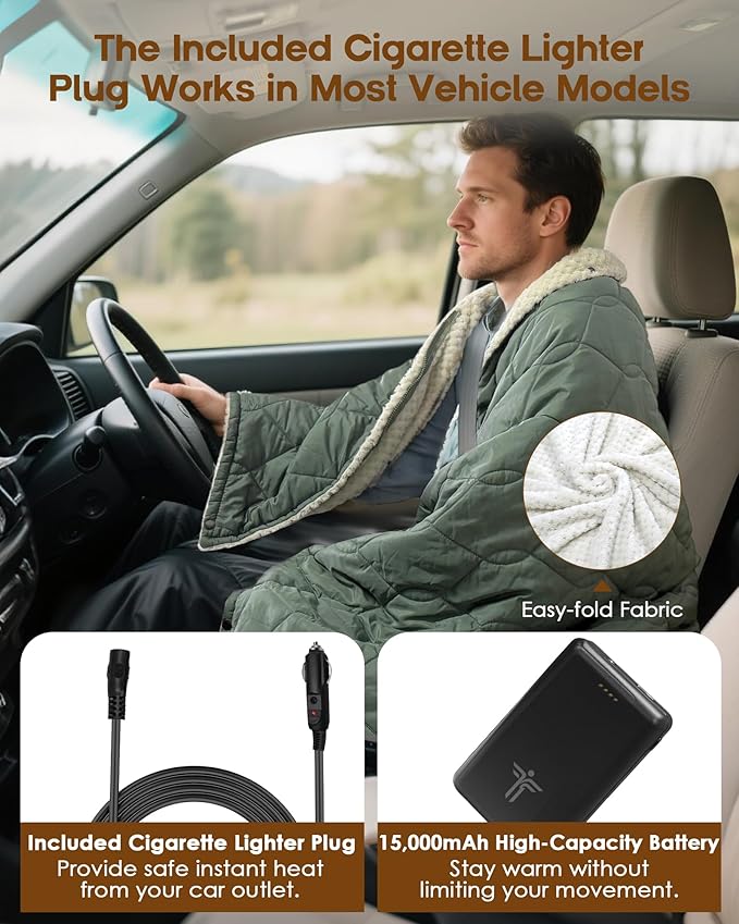 Heated Blanket Hoodie Battery Operated for Camping 12V Cordless Heating Blanket with 15000mAh Battery Electric Blanket Throw Shawl with 3 Heating Levelsfor Shoulder and Neck Machine Washable