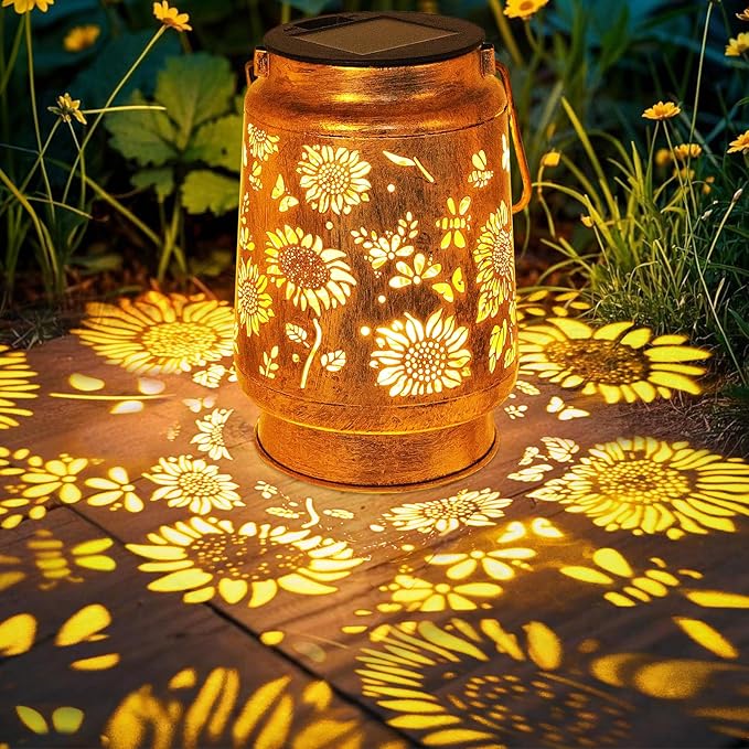 Sunflower Solar Lanterns Outdoor Waterproof Gifts for Women Mom Grandma Birthday Metal Hanging Lantern Solar Lights LED Decoration with Shepherd Hook Outside for Yard Patio Porch Garden Decor