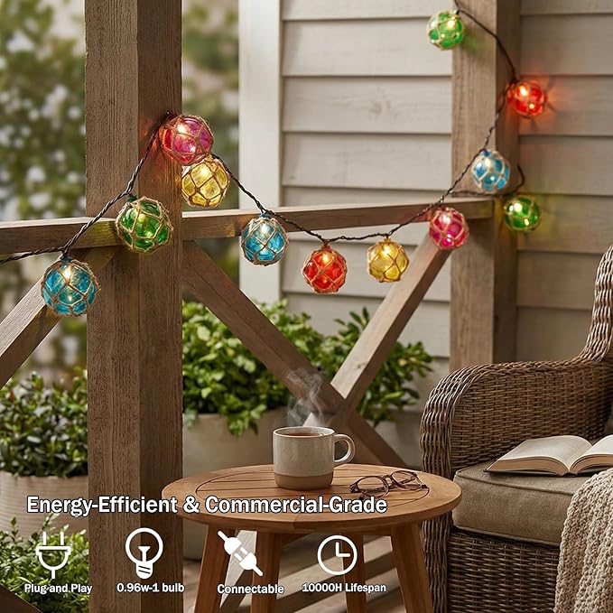 Decorative String Lights Plug in with 10 Incandescent Bulbs Nautical Fishing Float String Lights Connectable Weatherproof for Indoor Home Tiki Bar Decor and Outdoor Patio Decorations (Multi-color)