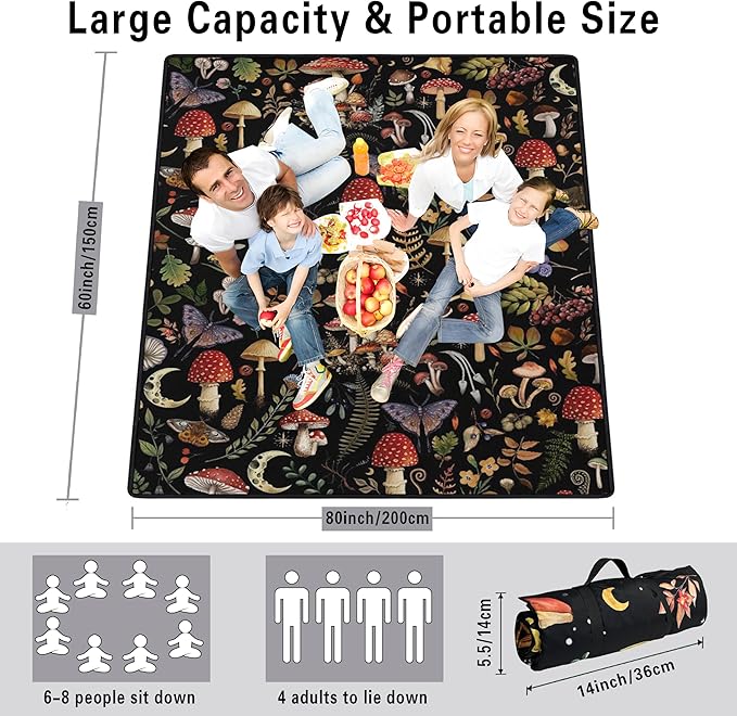 Extra Large Picnic Blankets Waterproof Foldable (60x 80) Mushroom Beach Blanket Waterproof Sandproof3-Layer Thicking Mat Outdoor Packable Camping Blanket