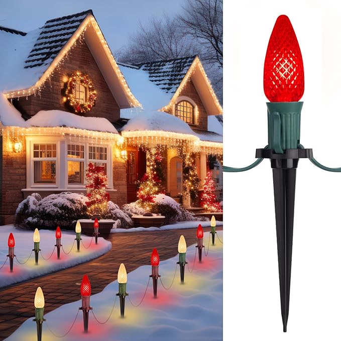 C9 LED Christmas String Lights Outdoor 26 Feet 20 LED Christmas Pathway Lights with 20 Plastic Stakes Connectable Waterproof for Driveways Xmas Holiday Patio Decoration Red and Warm White