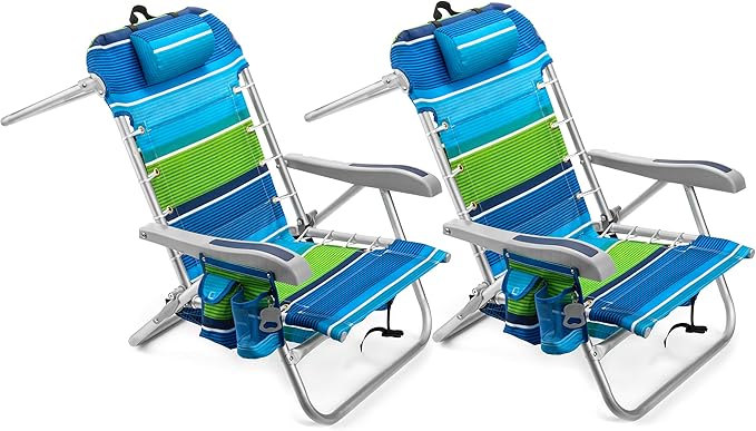 Homevative Cooler+ Folding Backpack Beach Chair with 5 Positions Towel bar XL Cooler Pouch Storage Net Cup and Phone Holder Deep Sea 2 Pack