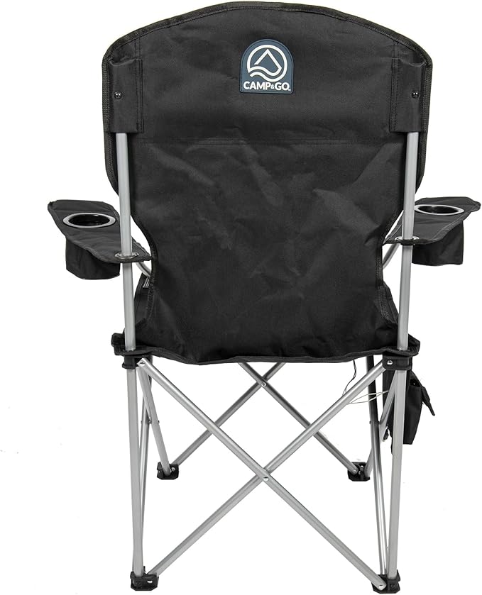 CAMP &amp GO Heated Deluxe Quad Camping Chair Folding Heated Chair with 18 USB Cable Storage Compartment and Cup Holders Black