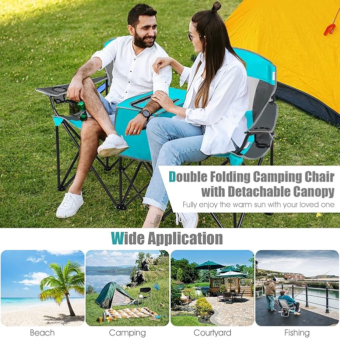 Tangkula Loveseat Camping Chair with Adjustable Shade Canopy Portable Beach Chair with Cooler Bag 2 Cup Holders Carrying Bag Foldable Double Lawn Chair for Travel Fishing Picnic (Navy)