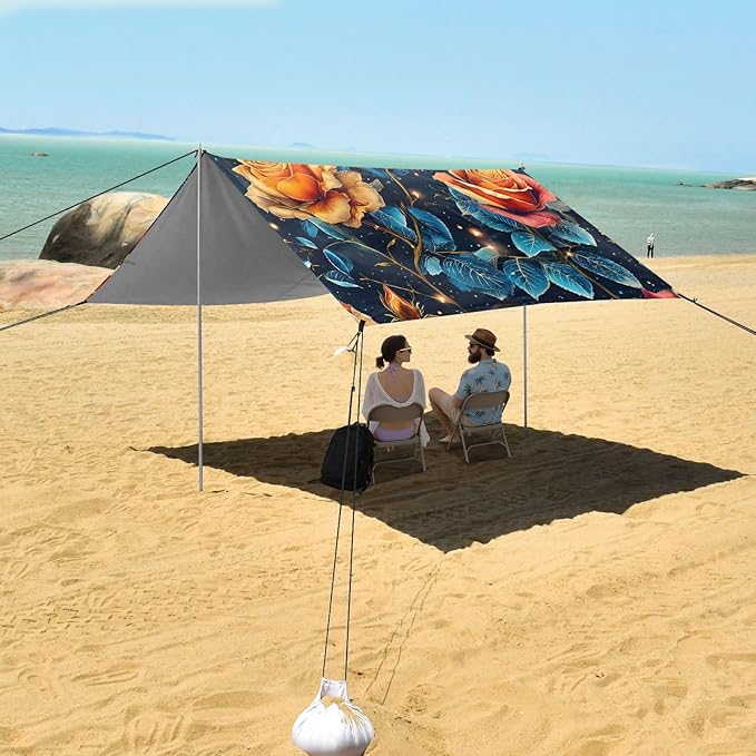 Bolaz Beach Canopy Tent Sun Shade9'×10.5' Large Family Beach Shade UPF50+- Outdoor Shade for Camping Trips FishingDreamy Rose Pattern