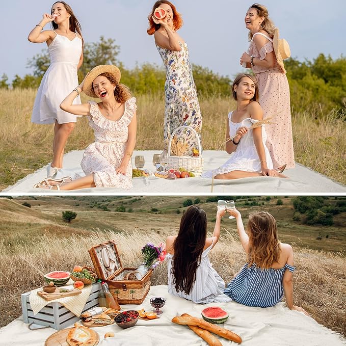 Extra Large Outdoor Picnic Blanket Oversize Beach Woven Cotton Yarn Blanket with Fringe Machine Washable Sandproof Portable for Spring Summer Camping Beach Park (Beige)