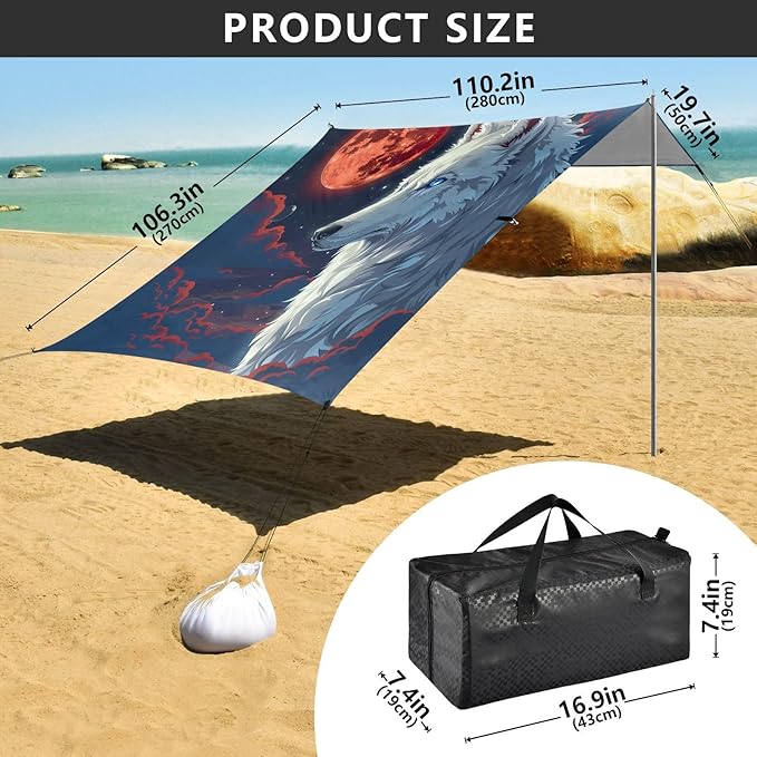 ALAZA Wolf Red Moon Starry Sky Beach Tent Sun Shelter UPF50+ Protection Beach Shade Canopy w/ 4 Sandbags for Outdoor Camping Fishing Backyard Fun Picnic 10x9 ft