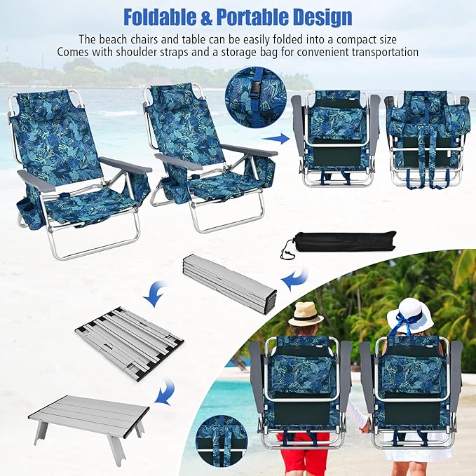 Backpack Beach Chair 5 Position Adjustable Camping Chairs with Aluminum Table Head Pillow Cooler Bag Cup Holders Folding Beach Chairs for Adults (with Table Blue Leaves)