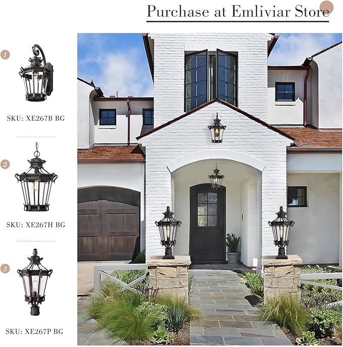 Emliviar Vintage Outdoor Pendant Light 20 Inch Large Exterior Hanging Porch Light with Clear Glass Die-Cast Aluminum in Black Finish XE267H BG