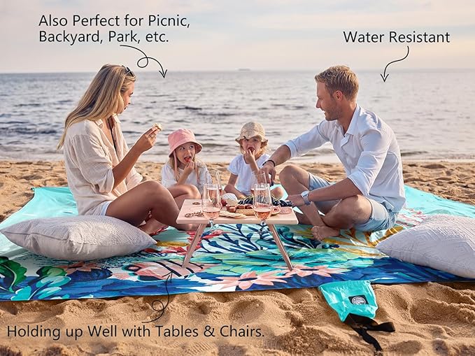 WEKAPO Beach Blanket Waterproof Sandproof Oversized Extra Large Beach Mat Sand Free Lightweight &amp Compact Sand Free Mat with 6 Stakes &amp 4 Corner Pockets