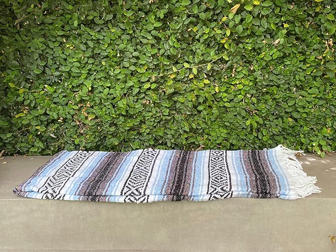 Del Mex Classic Mexican Blanket Large Authentic Woven Falsa Throw (70x50) Artisan Southwest Décor for Beach Yoga Outdoors (Light Blue)