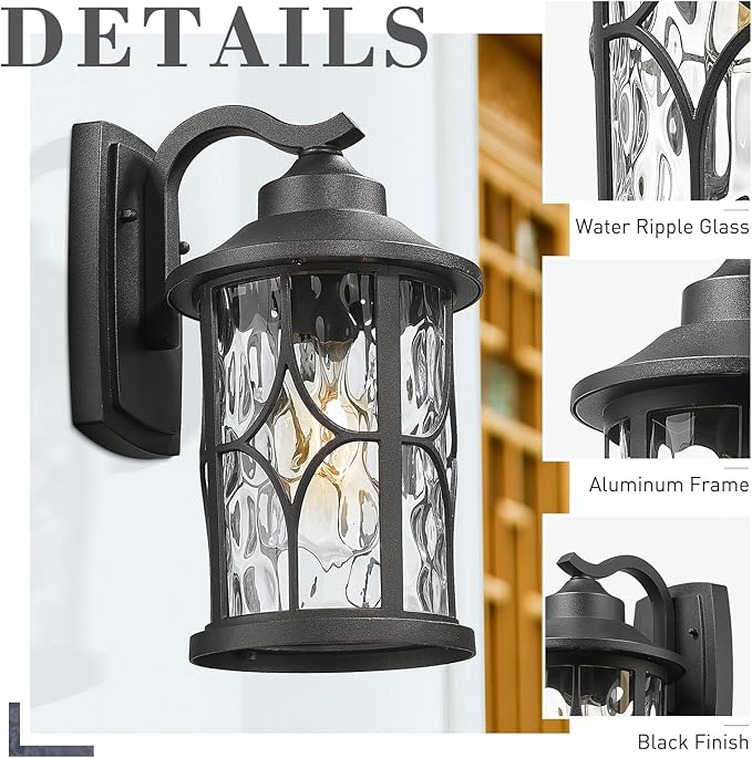 zeyu Modern Outdoor Wall Lights 12 Inch Exterior Wall Lantern Cast Aluminum with Water Ripple Glass Black Finish ZX48BWG BK
