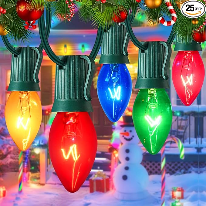 25FT C7 Christmas Lights Outdoor Clear Multicolor Christmas Lights with 27 Clear Colorful Bulbs (2 Spare) Hanging Vintage Christmas Light for Christmass Day Prom Party Wedding Decor Green Wire