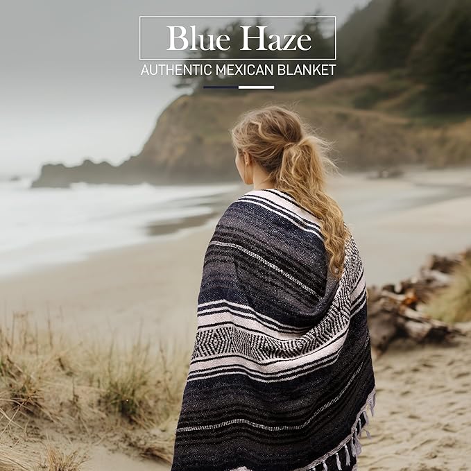 Hydration Nation Authentic Extra Large Mexican Blanket (70x50) - Handwoven Yoga Serape - Artisanal Falsa Beach Camping Picnic Outdoor (Blue Haze)