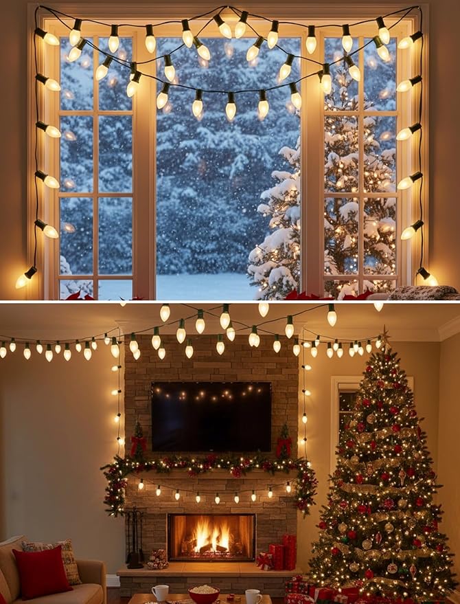 25FT C7 LED Christmas LightsFrosted White LED C7 Christmas String Lights with 27 LED BulbsCommercial Hanging Lights Candle House Porch Balcony Party Decor