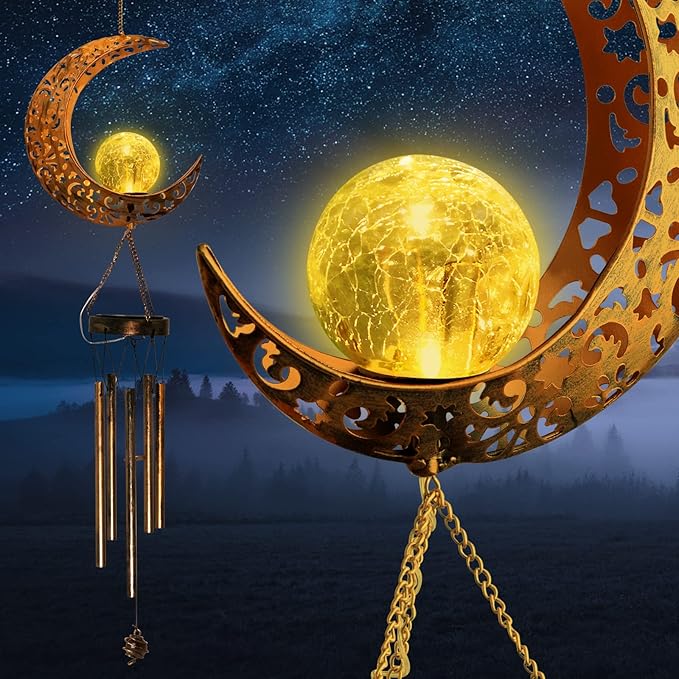 Moon Solar Lights Wind Chimes for Outside Gift for WomenMom and Grandma Birthday Gifts Large Decor Windchimes Outdoors Gardening Gift for Outdoor Patio Yard Porch Solar Moon Night Lights