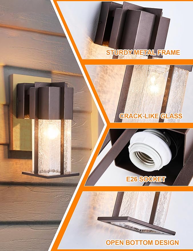 Oil Rubbed Bronze Outdoor Wall Light Fixtures with Crack-Like Glass Modern Outdoor Sconce Exterior Lighting IP65 Waterproof Front Porch Light Wall Mount for Garage Patio Front DoorBrown