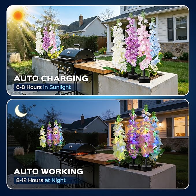 4 Pack Solar Garden Lights Outdoor LED Colorful Waterproof Solar Powered Hyacinth Flowers Landscape Lights for Patio Outside Yard Pathway Decorative Décor Gifts Two Lighting Modes