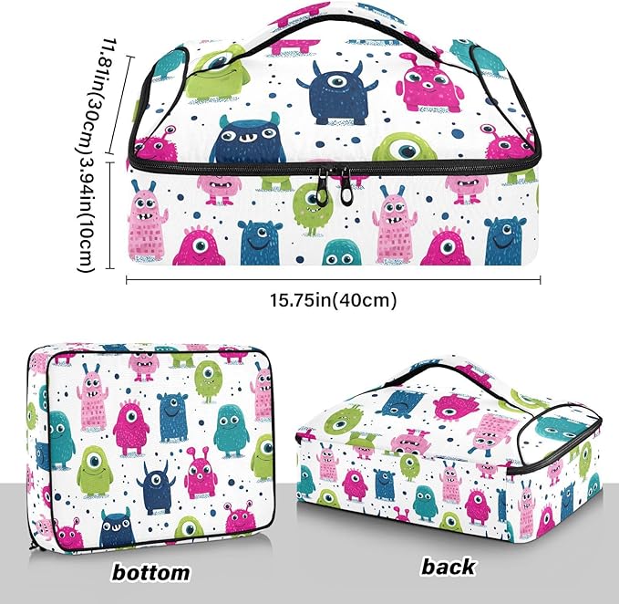 Casserole Carrier Colorful Cute MonstersInsulated Casserole Carrier for Hot or Cold Food Thermal Lunch Tote for Potluck Parties Picnic Beach Fits 9 x 13 Inches Baking Dish