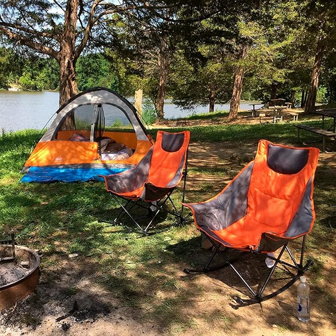 SUNNYFEEL Oversized Rocking Camping Chair Fully Padded Patio Chair with Side Pocket High Back Portable Lawn Recliner with Headrest Outdoor Camp Rocker Chairs for Adults Heavy Duty 500 LBS Carry Bag