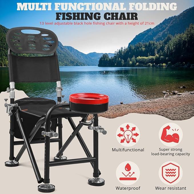 Portable Fishing Chair Camping Chairs 13 Gear Rise Fall 21cm Adjustment Fishing Chairs with Backrest Rod Holder Outdoor Folding Chair for Adults Support 300lbs Black