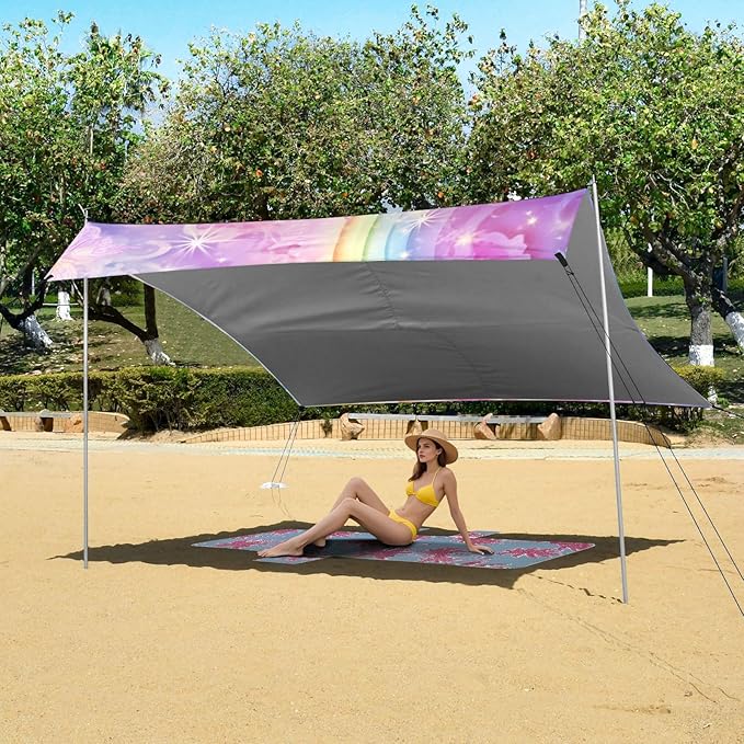 ALAZA Butterfly Unicorn Rainbow Beach Tent Sun Shelter UPF50+ Protection Beach Shade Canopy w/ 4 Sandbags for Outdoor Camping Fishing Backyard Fun Picnic 10x9 ft